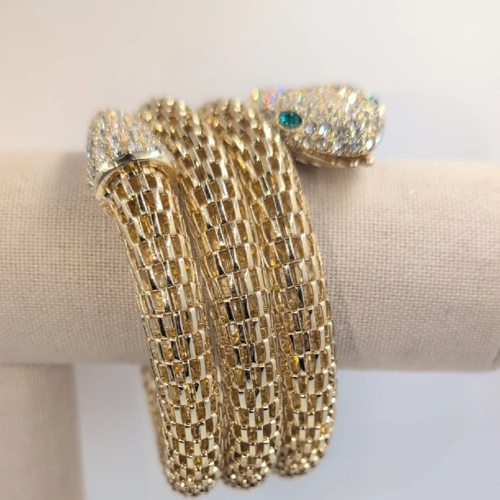 Gold Snake Coil Wrap Bracelet - Pave Rhinestones & Green Eyes - Statement Piece